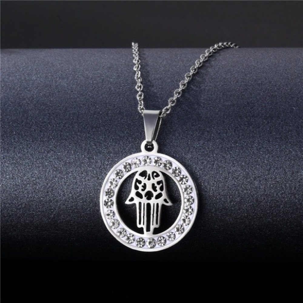 Stainless Steel Rhinestone Hamsa Yoga Hand Symbol Necklace